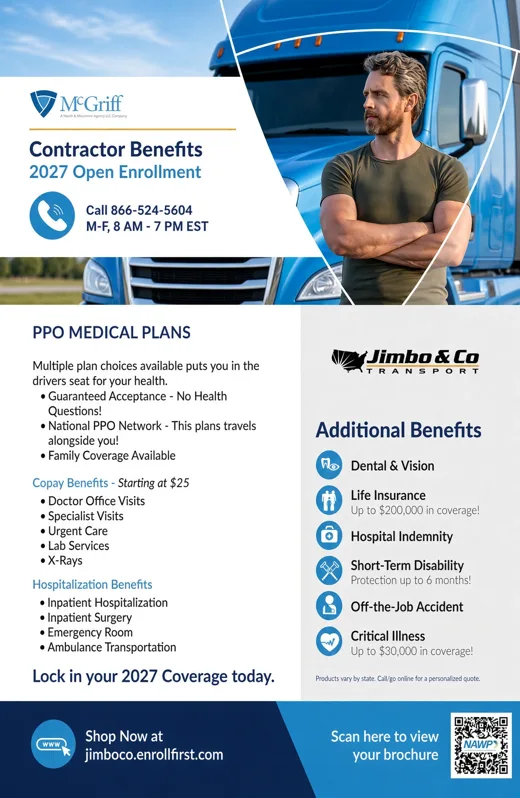 McGriff Contractor Benefits 2027 Open Enrollment flyer for Jimbo & Co Transport