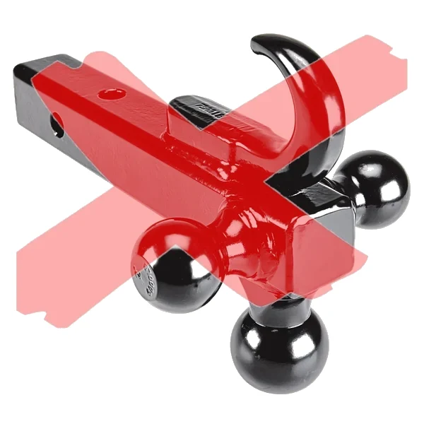 Hollow-shank tri-ball hitch with hook, not allowed