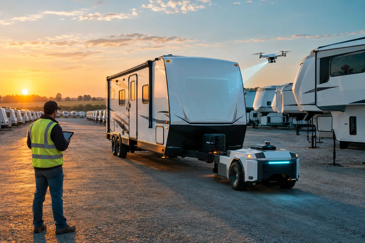 A robotic yard tug moving a travel trailer while an inspection drone scans RVs at sunrise as a Jimbo worker supervises with a tablet