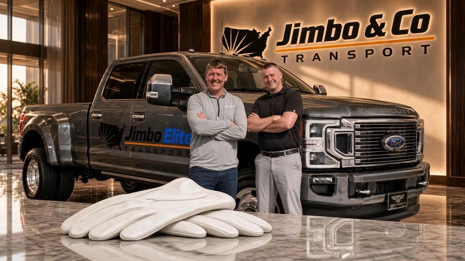 Two men stand by a Jimbo Elite Transport Ford Super Duty dually in front of a Jimbo & Co Transport sign, with white driving gloves in the foreground