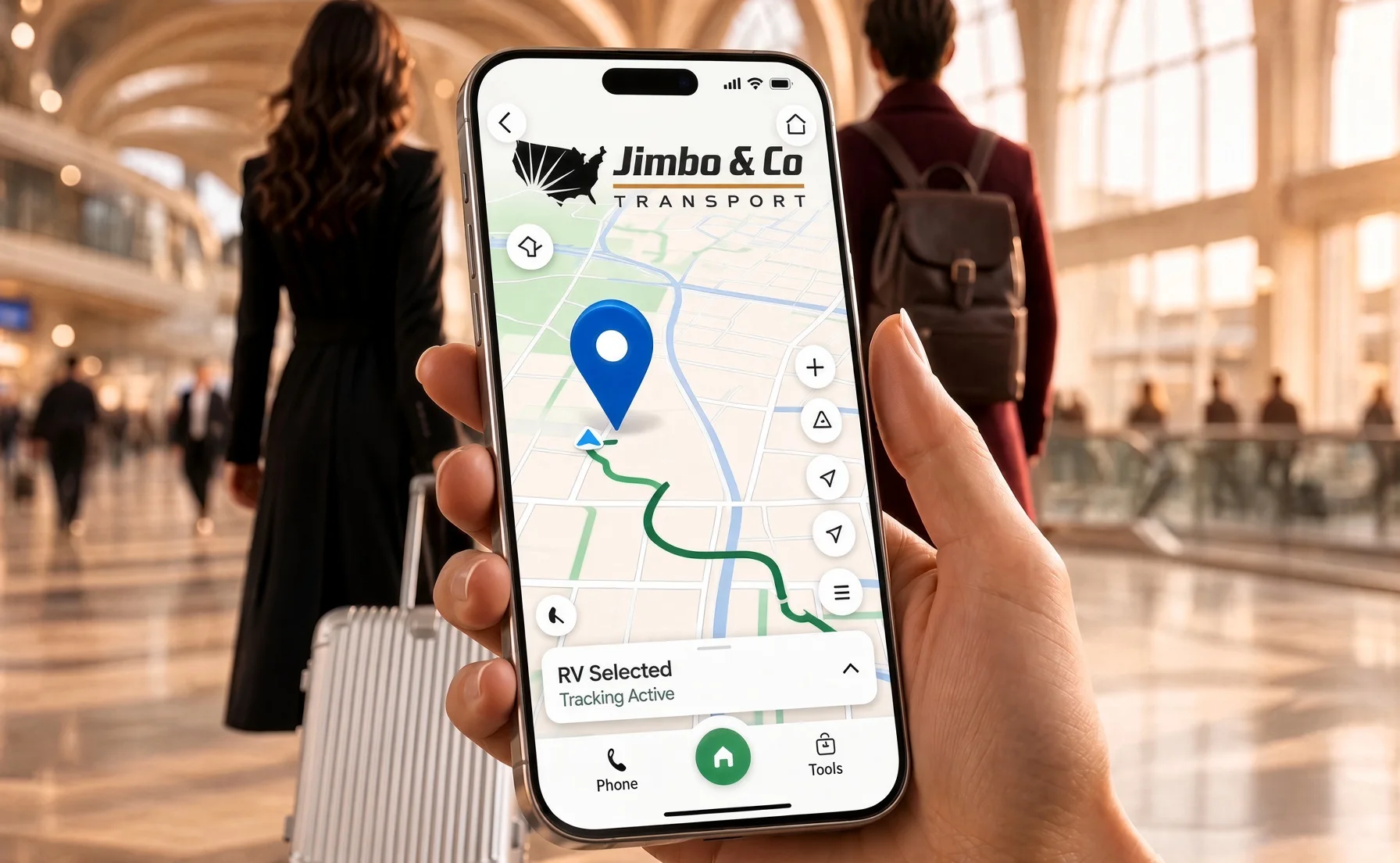 A customer holding a phone showing the Jimbo & Co Transport tracking app with a live map of their RV